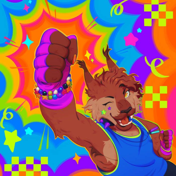 The album cover of “GYNX AND THE POWER OF PLUR”. The artwork features an anthropomorphic lynx character in raver fashion, pumping his fist in the air enthusiastically against a brightly colored background.
