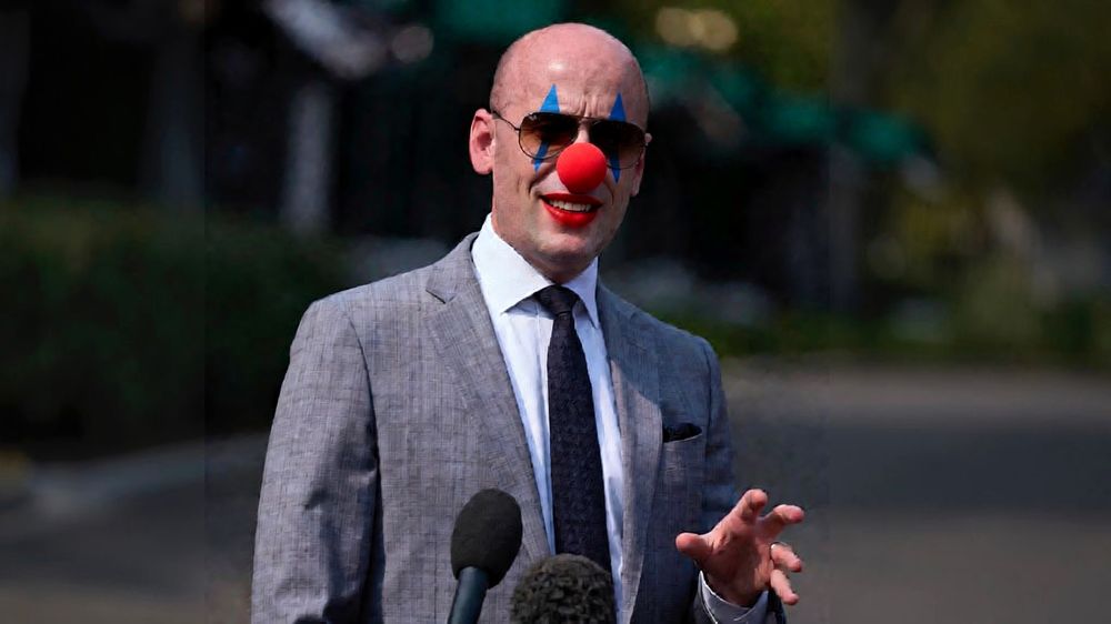 An AI modification of a Stephen Miller photograph in which clown-ish costume makeup has been digitally rendered.