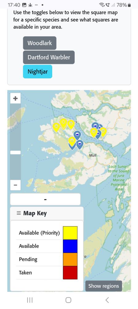 Screenshot showing available Heathland bird survey squares for Nightjar in Scotland. All available squares are on the Isle of Mull and nearby mainland 