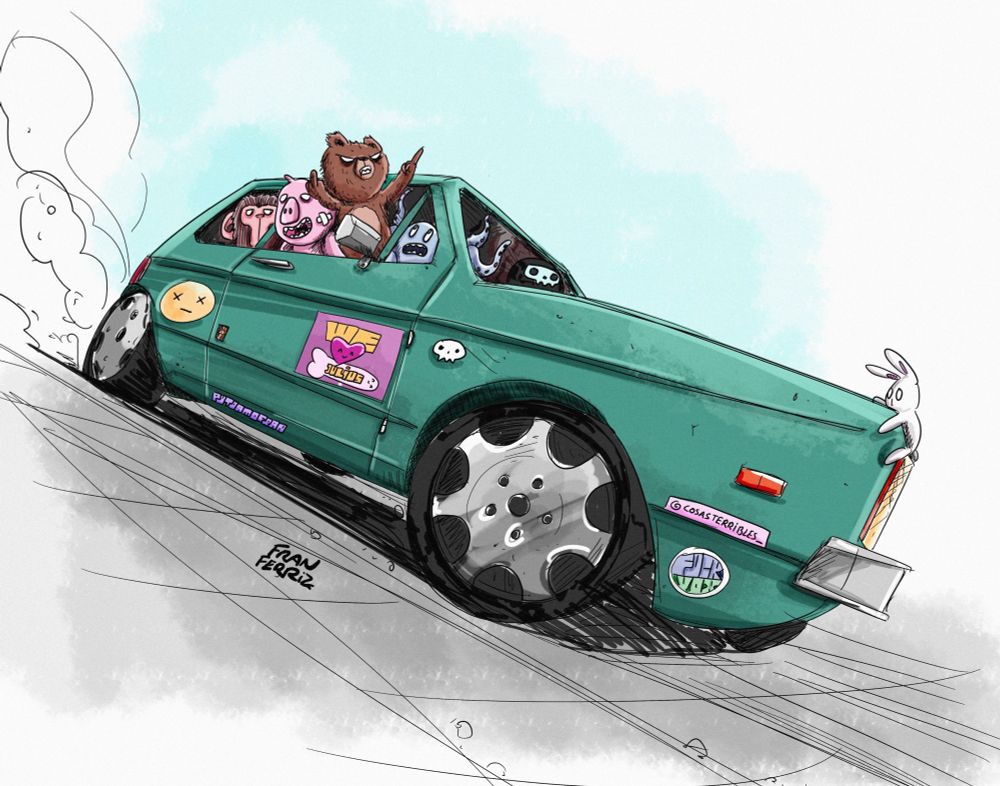 Ilustración de Fran Ferriz. Un oso de peluche, un mono, un cerdo, un pulpo y una calavera con una túnica negra viajan en un coche verde. La calavera conduce. El cerdo asoma la cabeza por la ventana del copiloto. El oso de peluche ha sacado medio cuerpo por la ventana del copiloto y va enseñando los dedos corazón, con cara de mala hostia. El coche tiene varias pegatinas. En una pegatina pone Fuck Vox. Otra pegatina es un póster en el que pone Nosotros en inglés, el dibujo de un corazón y el nombre Julius escrito en un pene. En el capó del coche llevan a un conejo que han atropellado.
