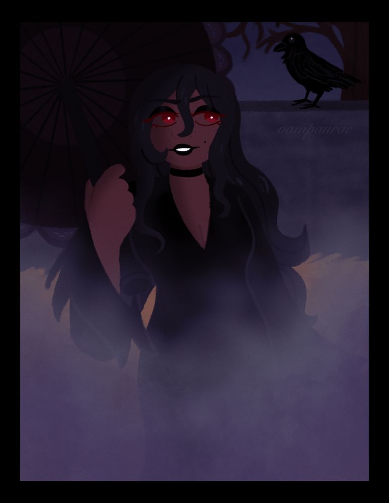 Depicts a gothic woman with red eyes, dark skin and long black hair holding a black umbrella while standing in the fog. She wears a long black dress with a black choker. In the background, there is a corvid standing on a stone fence.
