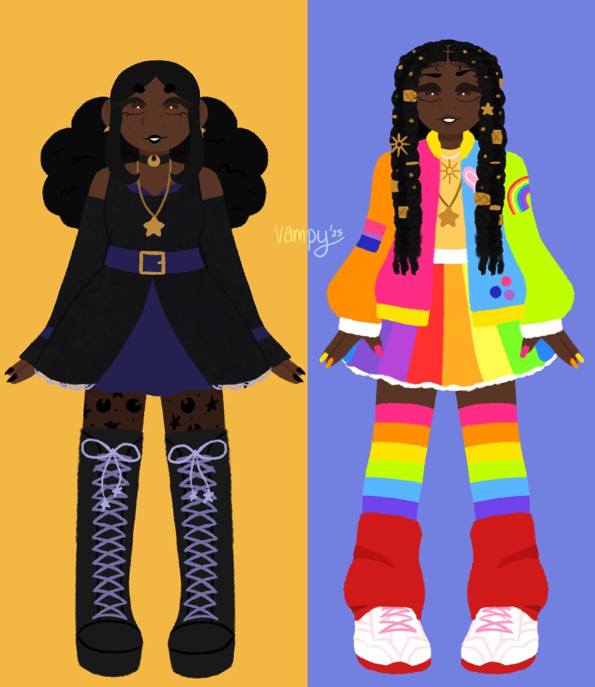 Art of original characters, Etoile and Estelle, younger counterparts of Alysson and Madison from a more modern alternate universe. Etoile dresses in gothic fashion while Estelle is dressed in decora fashion. Both are wearing necklaces with a star pendant.