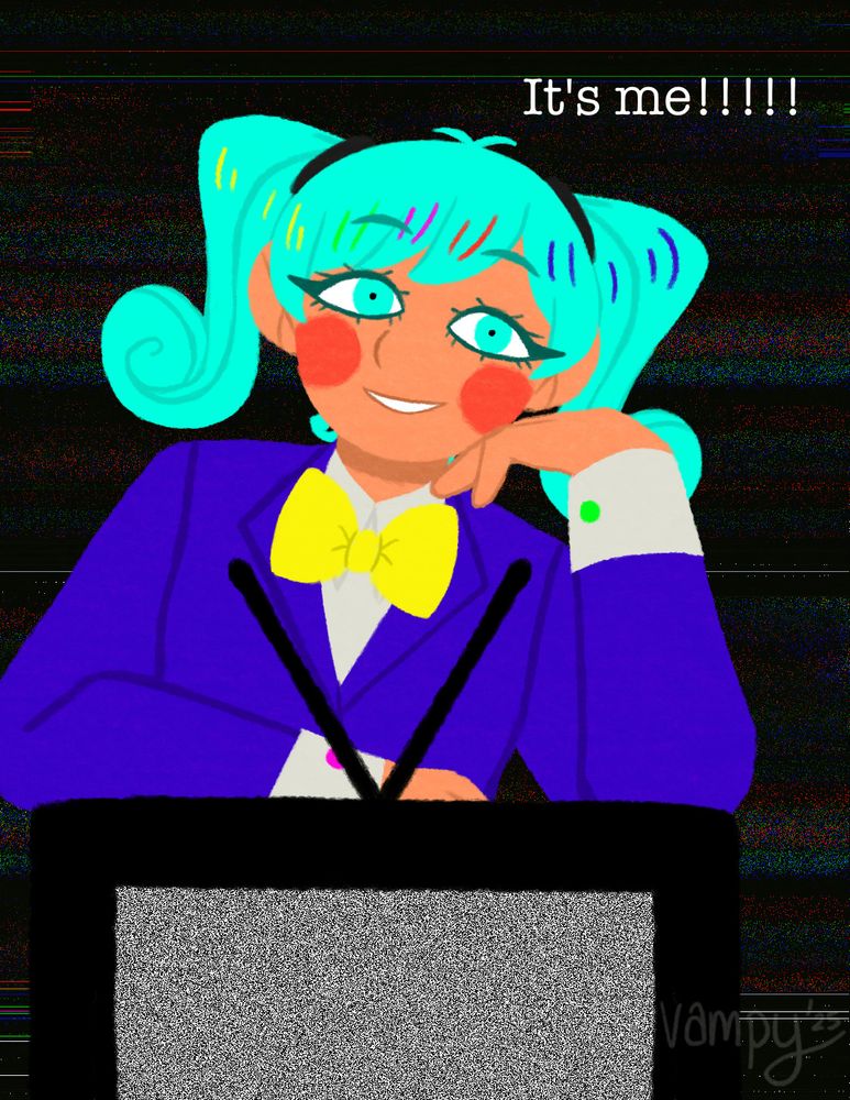 Fanart of Hatsune Miku from Flavor Foley's Static. She's smiling with her eyes open and teeth showing while resting atop of a CRT. The CRT is displaying static while the background is glitched out. The words "It's me!!!!!" are above Miku's head.