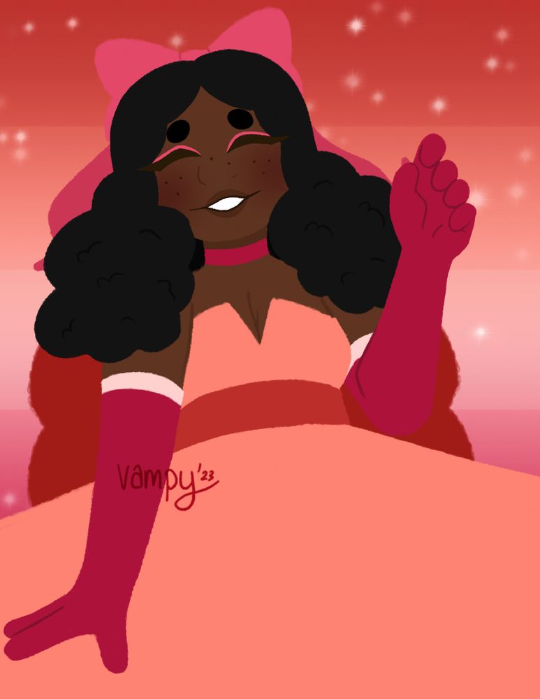 Depicts original character Alysson Grace smiling as she wears a light orange gown with long dark pink gloves and matching choker. She has an orange bow tied behind her gown and a lighter pink bow in her hair. The background has the lesbian flag with sparkles over it.