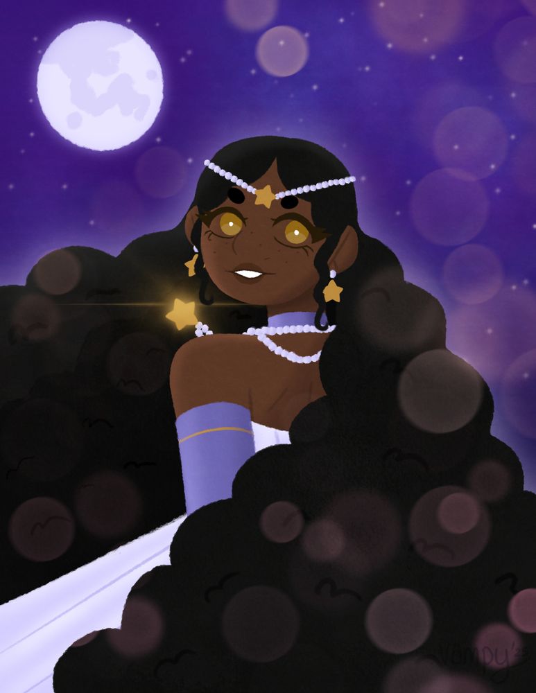 Depicts Princess Etoile (better known as Alysson Grace) looking over her shoulder, looking back at the audience with a smile on her face. She wears a circlet made of pearls with a star at its center, with a matching necklace and earrings. Her hair is longer than it usually is and she's wear a light blue gown with blue gloves and a choker. The moon shines bright in the background.