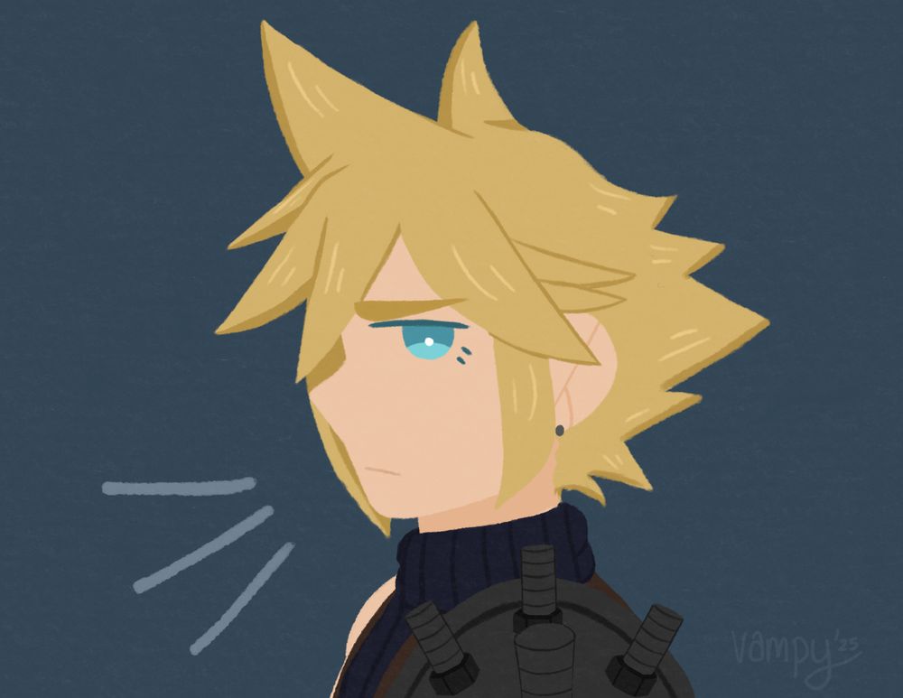 A side profile drawing of Cloud Strife from Final Fantasy 7 with an expression of disinterest. 