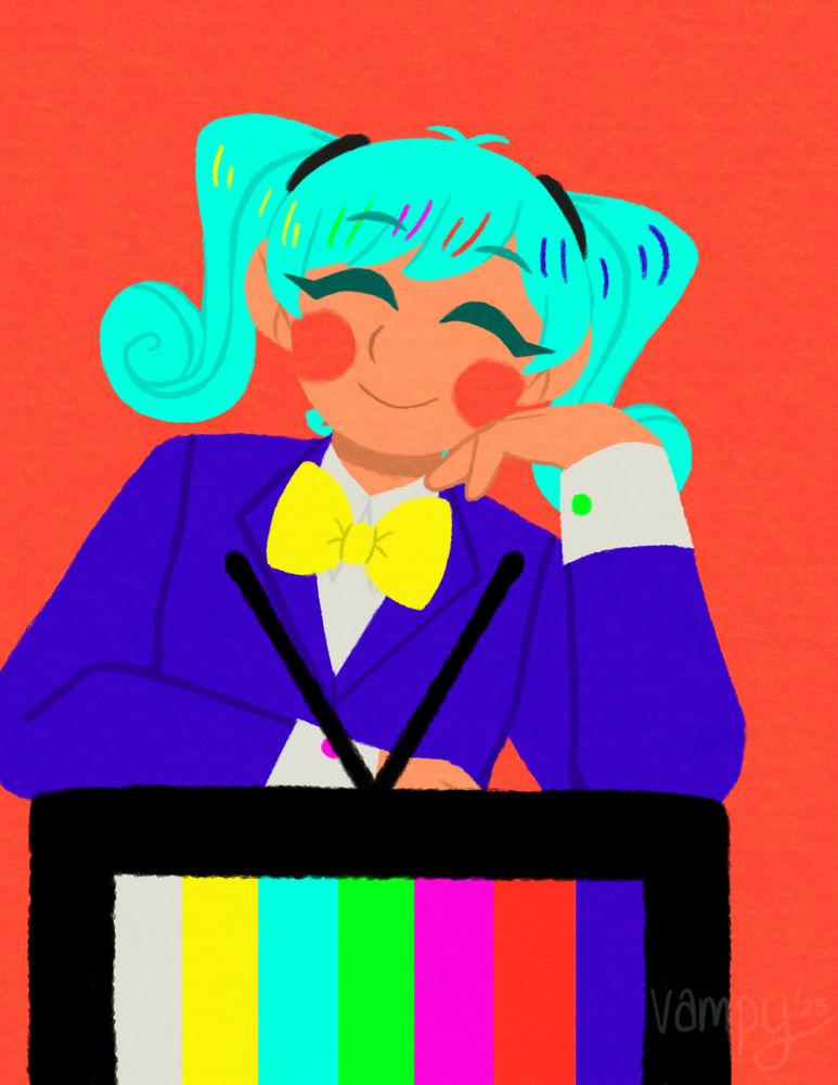 Fanart of Hatsune Miku from Flavor Foley's Static. She's smiling with her eyes closed while resting atop of a CRT. The CRT is displaying color bars. The background is red.