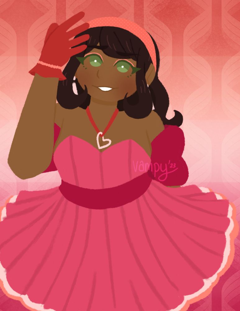 Depicts original character Courtney Renner smiling as she wears a pink babydoll dress with short orange gloves and matching necklace with a heart on it.. She has a light orange headband and white earrings. The background has the lesbian flag with a faint pattern over it.