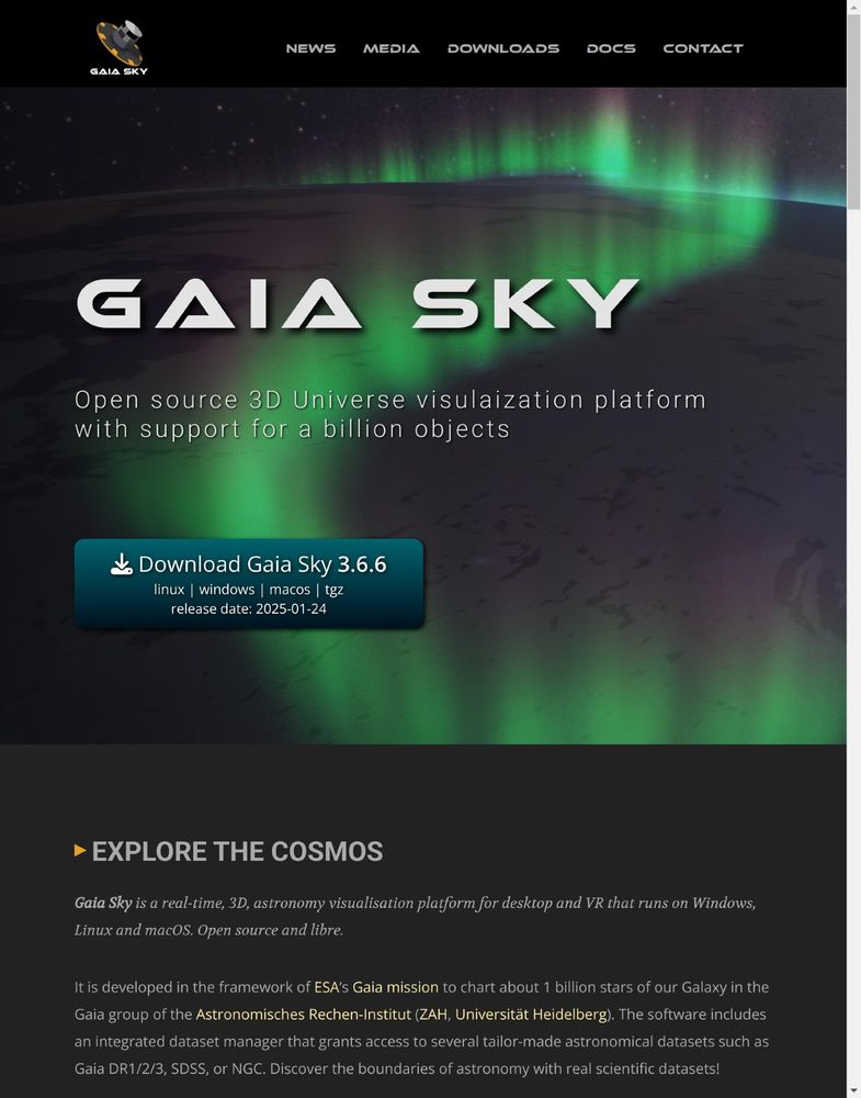 The landing page of the new Gaia Sky website, still WIP.