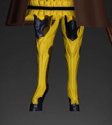 A screenshot of the Wolfliege Thighboots, dyed yellow, under a frilly skirt.