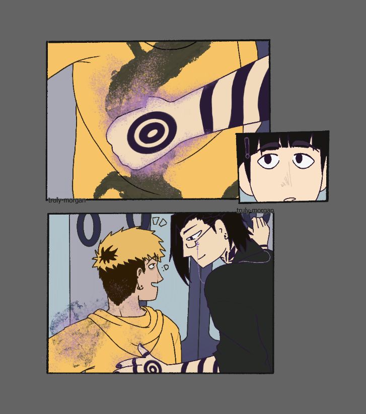 panel 1: a hand suddenly grabs the spirit's body, psychic aura slowly eating at it. a small panel shows Shigeo Kageyama being surprised.

Panel 2: Chiaki turns towards Michi, surpris to see him but happy. Michi has his hand placed on his upper back, leaning a little closer. The spirit is being exorcised by his powers.