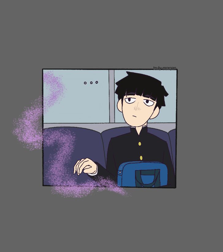 panel of shigeo kageyama looking off screen (to chiaki and michi), hand still lifted a little. some psychic aura is present on the contour of the panel.