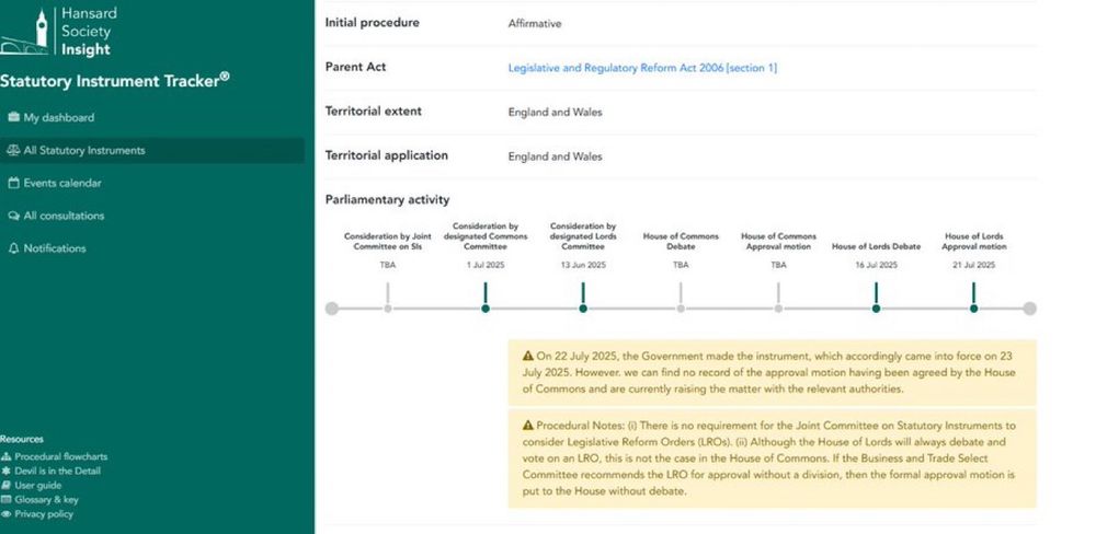 Extract from the Hansard Society's Statutory Instrument Tracker for the Legislative Reform Order