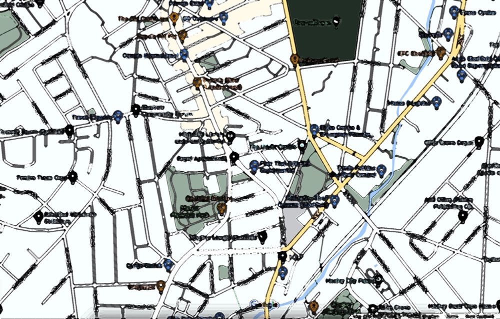 A map of the streets to the south and west of Bramall Lane, Sheffield, the details obliterated by Photoshop filters.