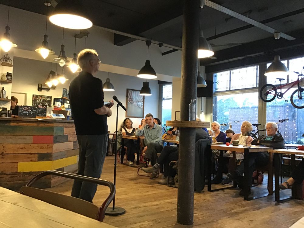 Chris Jones reading at Mecycle Cafe & Bike Workshop, Southport, 3 September 2025.