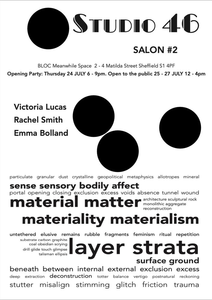 Event flyer for Studio 46 / Salon #2 exhibition, with the same text as the main post, some black discs, and a word cloud.