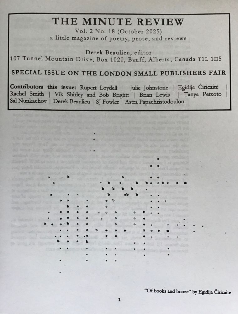 The front page of The Minute Review (Vol 2 No 18, October 2025), with cover art by Egidija Čiricaitė.