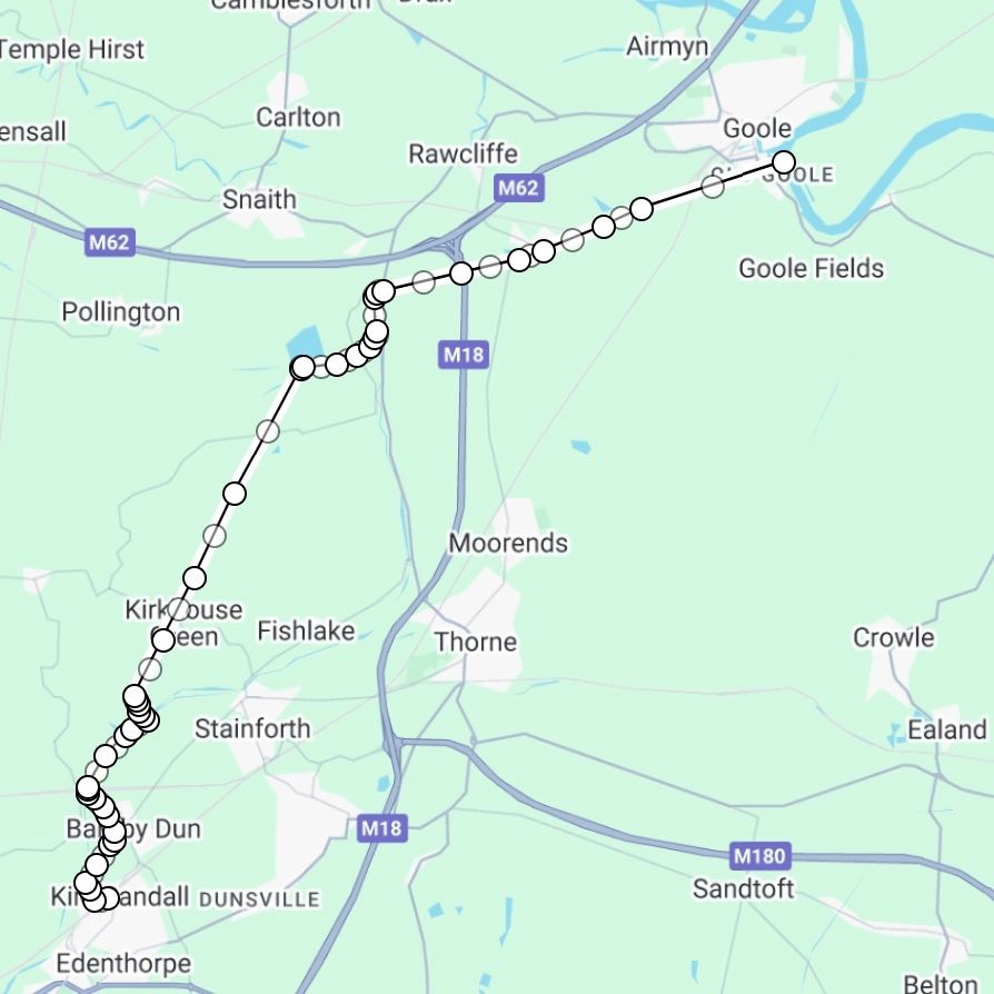 ​A screenshot of a map showing the route of an overnight walk from Kirk Sandall to Goole, via the River Don Navigation, the New Junction Canal, the Aire and Calder Navigation and the Dutch River.