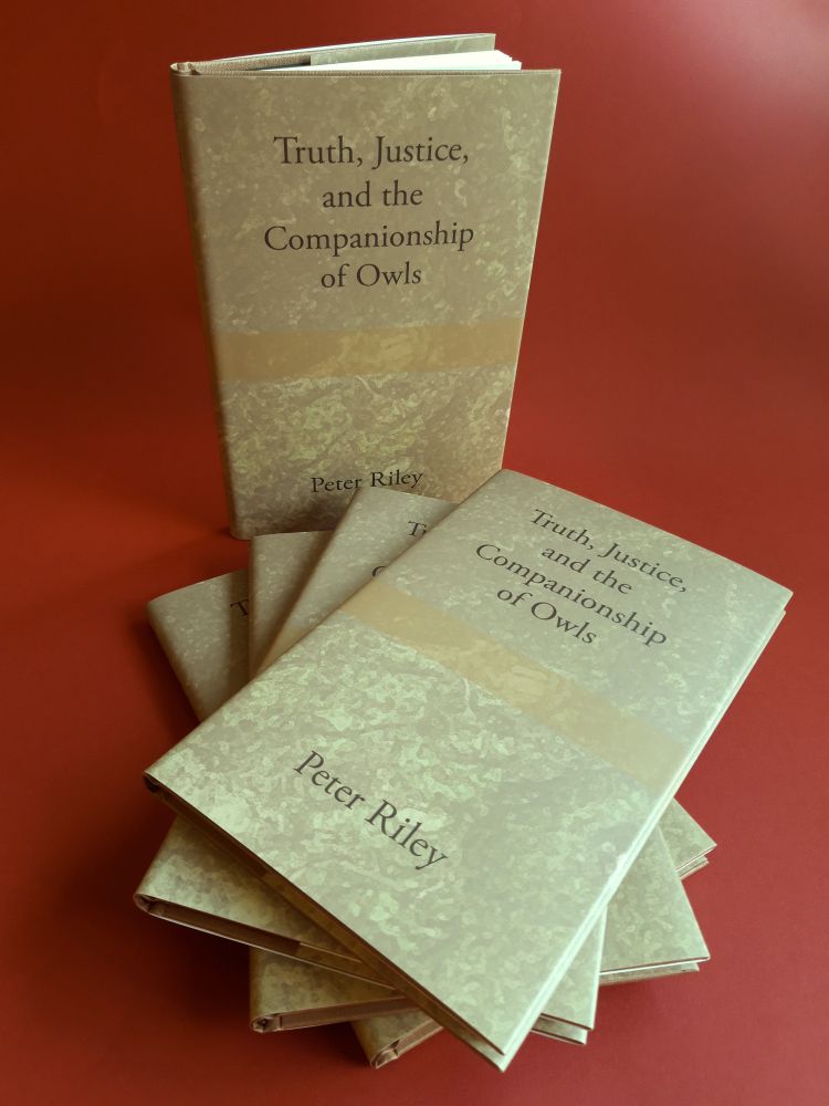 Several copies of Peter Riley's collection 'Truth, Justice, and the Companionship of Owls' against a red background.