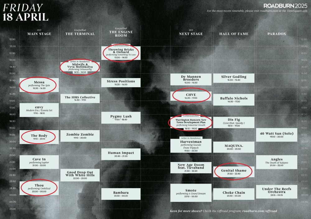 Fredagens spelschema med Throwing Bricks & Ontaard, Midwife & Melinkolya, Messa, CHVE, Warrington Runcorn New Town Development Plan, The Body, Genital Shame och Thou inringade.