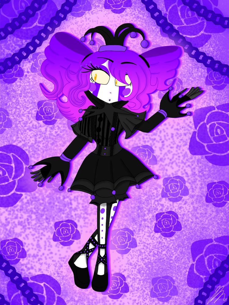 Mystique! She’s a very old oc I had that I decided to give a glowup. Her name was formerly Mysteria but I changed it. Shes a undead clown that does acts with ghosts.