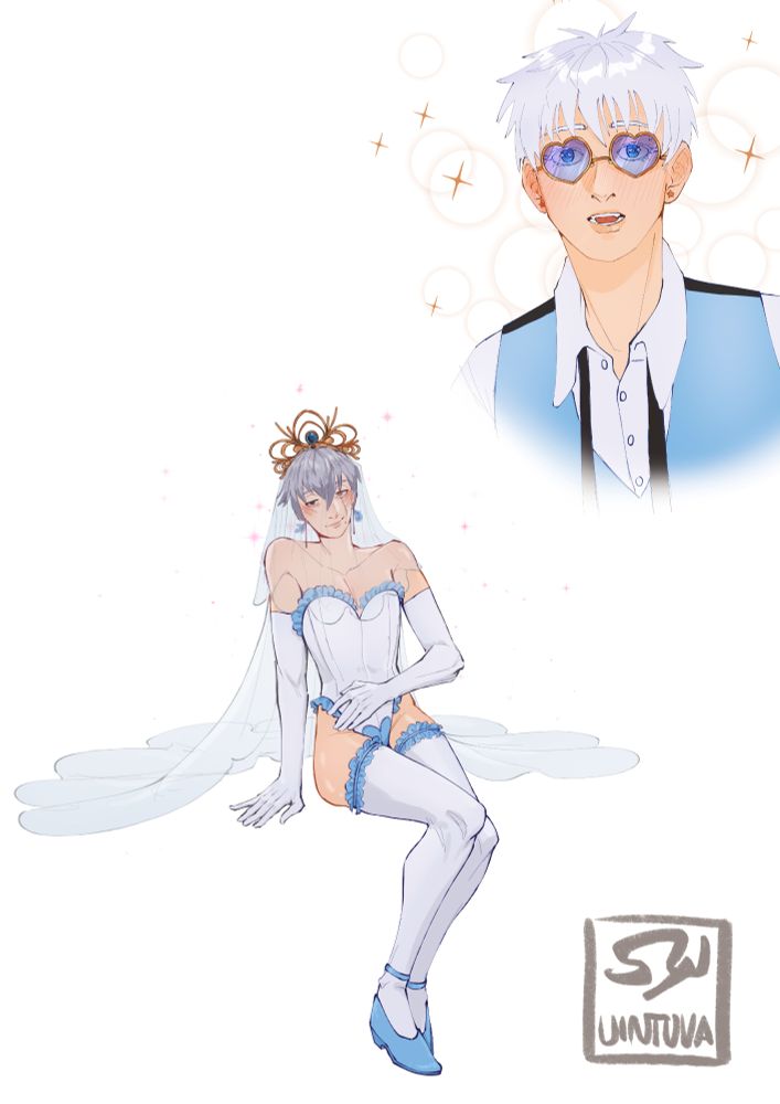 a couple on their wedding night. Kakashi sitting, wearing lingerie, a crown and long wedding veil. There's a close up of Gojo's face, he looks at Kakashi mesmerized and blushing, heart shaped sunglasses on his face. 