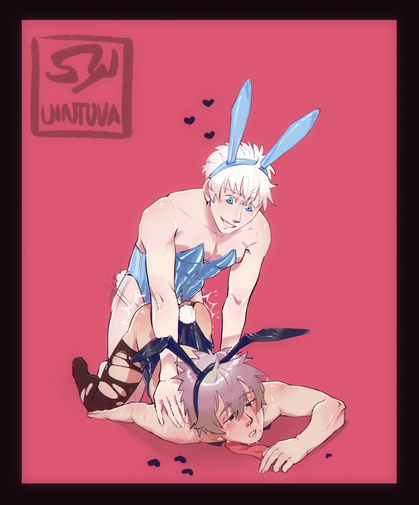 Very eager Satoru in a blue playboy bunny suit with a zipper in the middle is fucking doggy style dazed Kakashi in a black playboy bunny suit. There are hearts floating around Satoru's head and flopped onto the ground around Kakashi.