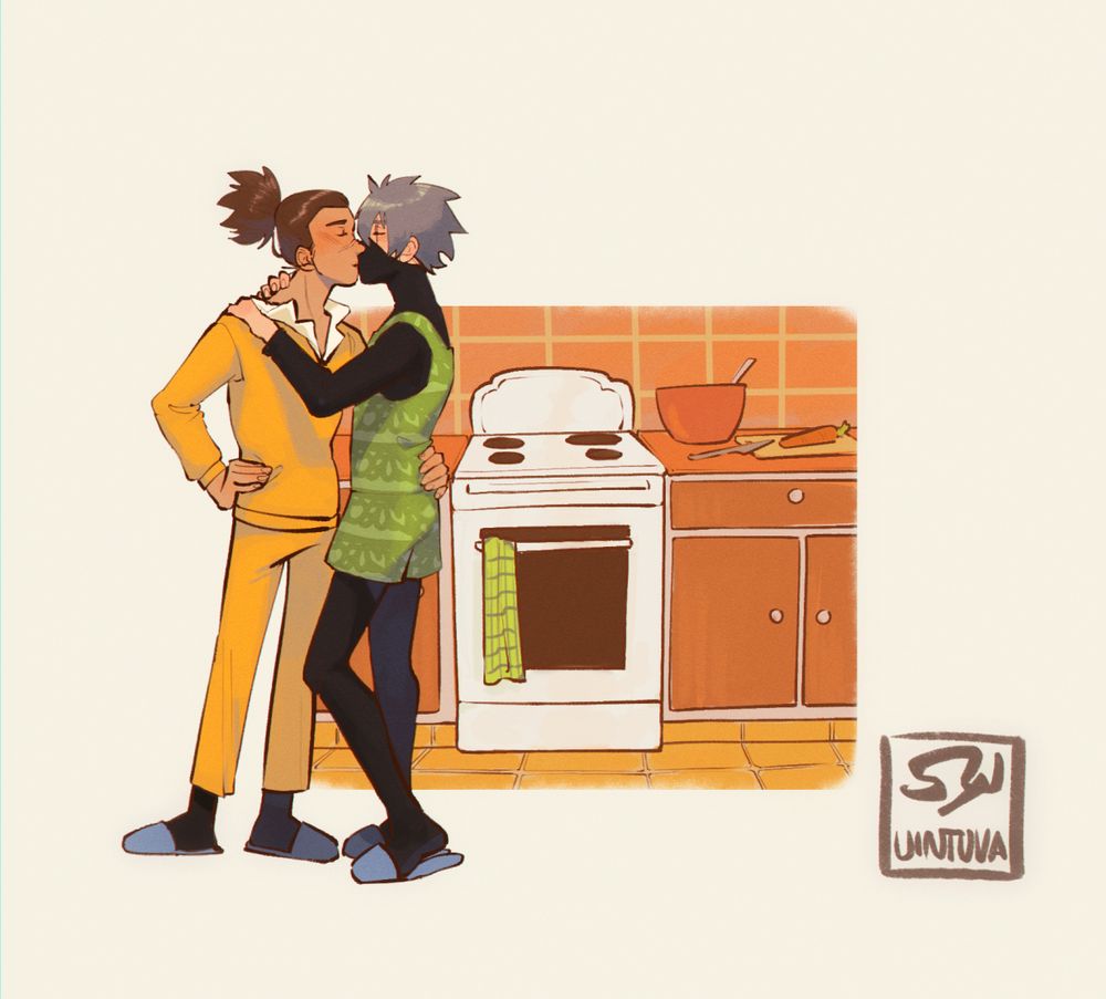 Iruka and Kakashi kissing in a 70's style orange kitchen. Iruka has yellow pants and shirt while Kakashi has black tight pants and a shirt with a green romper.