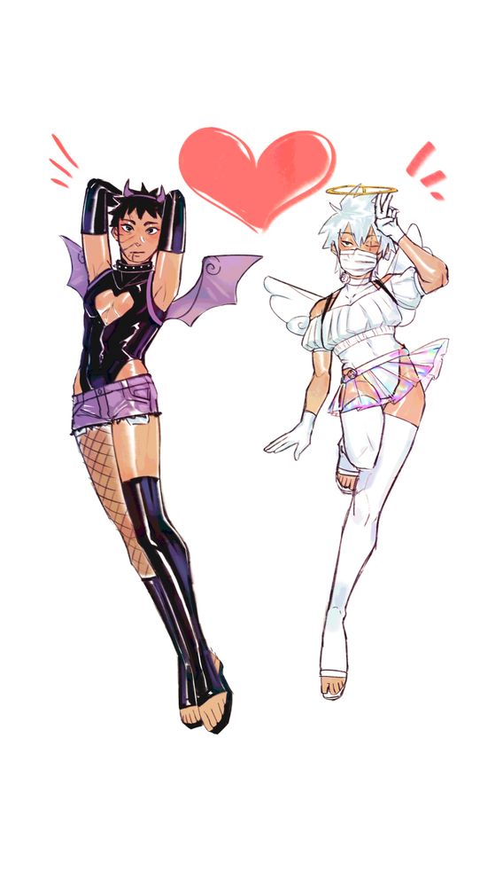 Obito and Kakashi posing together with a heart behind them. Kakashi is dressed as an angel with a translucent holographic skirt, white thigh high boots and a leotard. Obito is dressed as a devil with a black leotard that has a heart shaped boob window, tiny shorts and long gloves.
