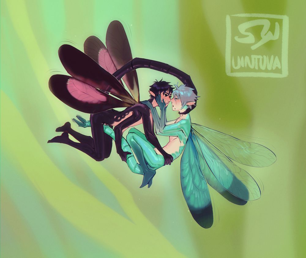 Obito and Kakashi as dragonflies mating in the air. Obito's tail is grasping onto Kakashi's neck, holding him close while he's fucking into the genitals in the end of Kakashi's tail.