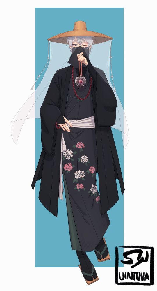 Kakashi in his tsukumogami outfit of a gray yukata and veil plus veiled hat and black haori holding in front of him a glass ball with water in it holding a sharingan with Obito's mangekyou pattern on it.