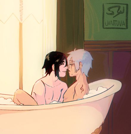 Sebastian leaning forward with the intention of kissing Kakashi in his lap, both of them naked in a bathtub against a backdrop wood paneled wall and a of curtained window giving a soft glow.