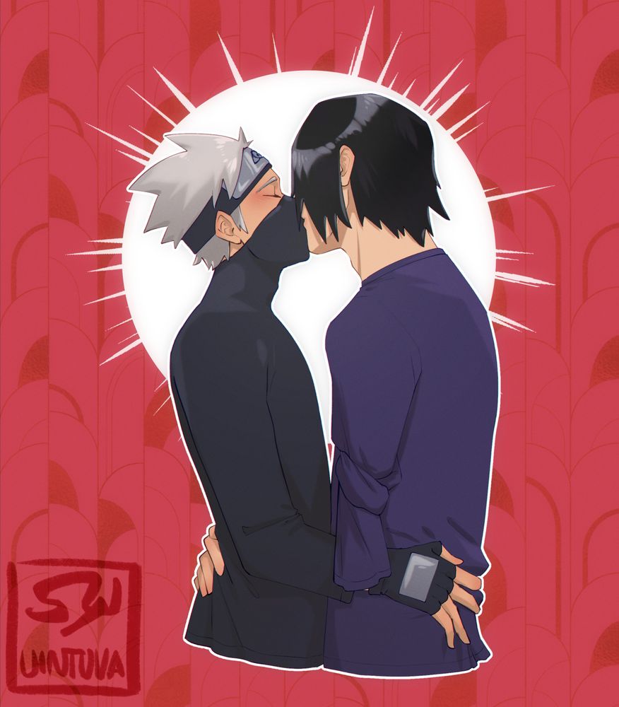 Sasuke and Kakashi kissing holding each other by the waist. Kakashi has his mask on and Sasuke's visible sleeve is empty and knotted up.