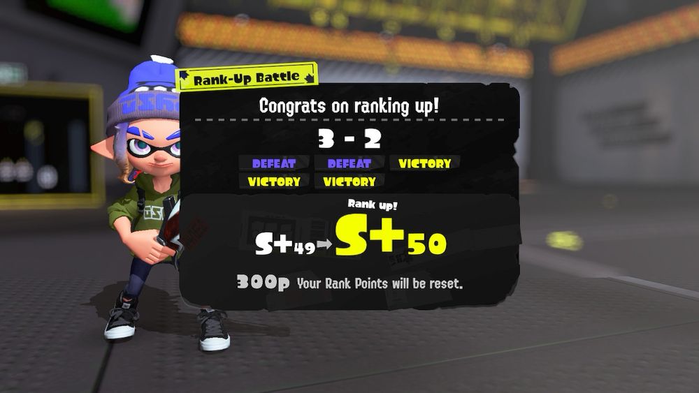 A rank up screen in Splatoon 3, showing a successful rank up to S+50. The games were: lose, lose, win, win, win