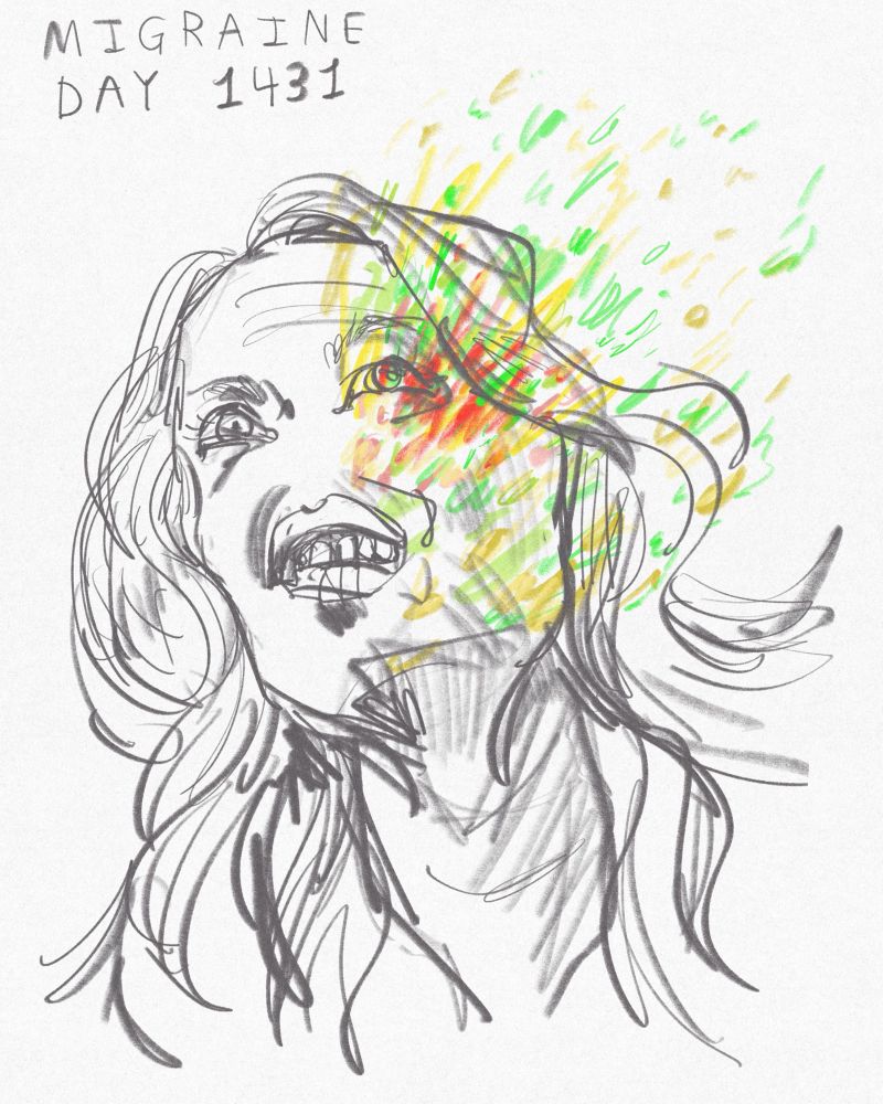 A line drawing of a woman (me!) with a colourful representation of a migraine on the right side of her head 