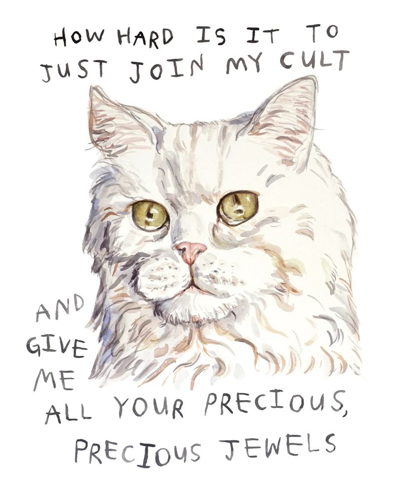 A watercolour painting of a white cat. Block lettered writing says “how hard is it to join my cult and give me all of your precious precious jewels”