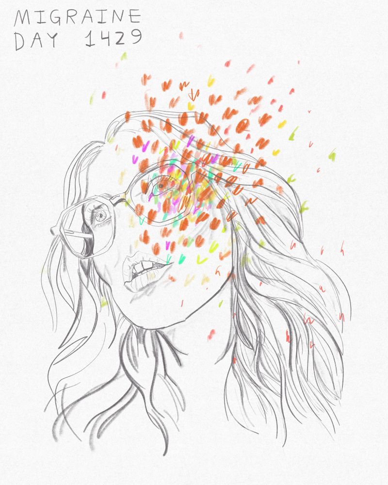 A line drawing of a woman (me!) with a colourful representation of a migraine on the right side of her head 