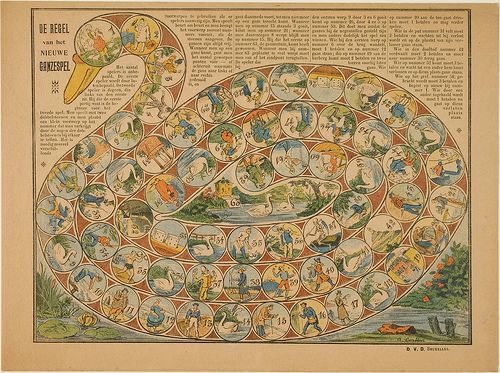 A German game, where circles follow along a path in the shape of a swan. The circles each have charming illustrations on them of people and other, smaller swans. There are instructions in tiny German print 