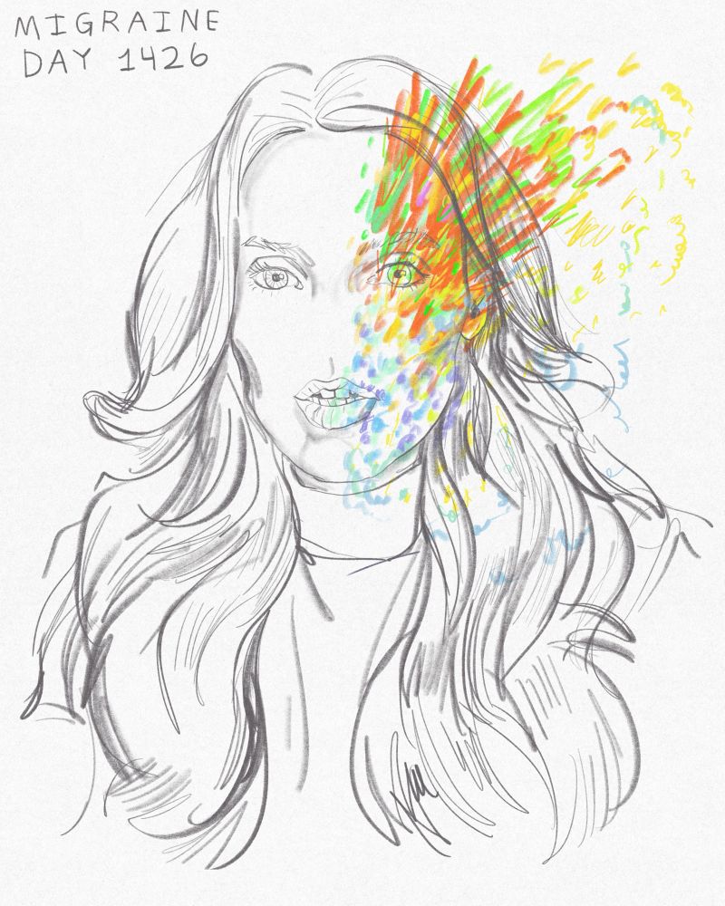 A line drawing of a woman (me!) with a colourful representation of a migraine on the right side of her head 