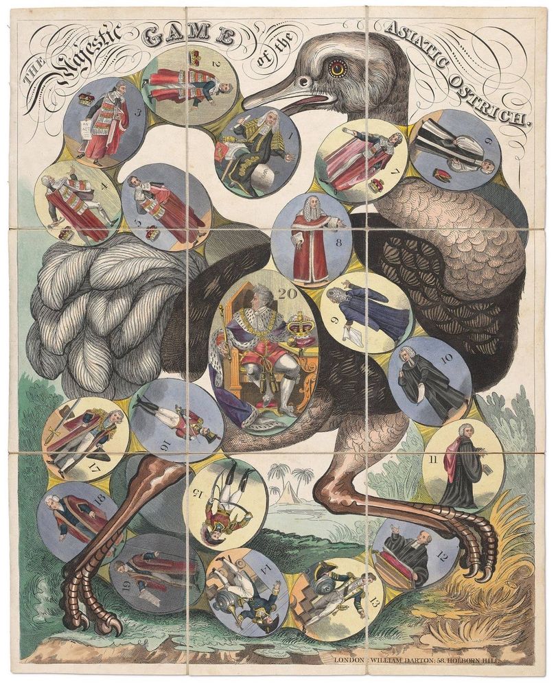 The Majestic Game of the Asiatic Ostrich! An energetic ostrich mid-step takes up most of the board, and around it are 20 numbered figures of fancy men dressed as soldiers, clergymen, noblemen, and a king at the end. If they’re supposed to be specific people it’s way above my historical paygrade 