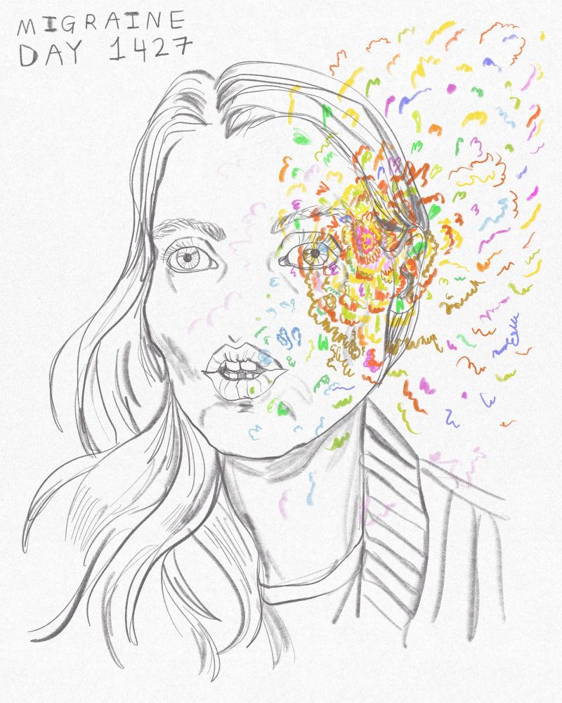 A line drawing of a woman (me!) with a colourful representation of a migraine on the right side of her head 