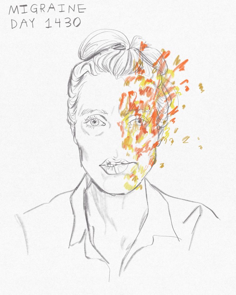 A line drawing of a woman (me!) with a colourful representation of a migraine on the right side of her head 