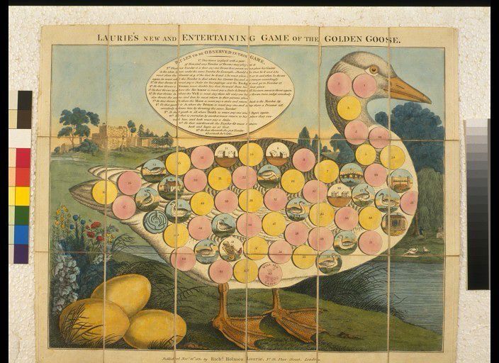 An old board game where a white goose is covered in various circles that are either pink, yellow, or have a little picture in them. The point of the game is unclear, though the goose appears to have laid some golden eggs 