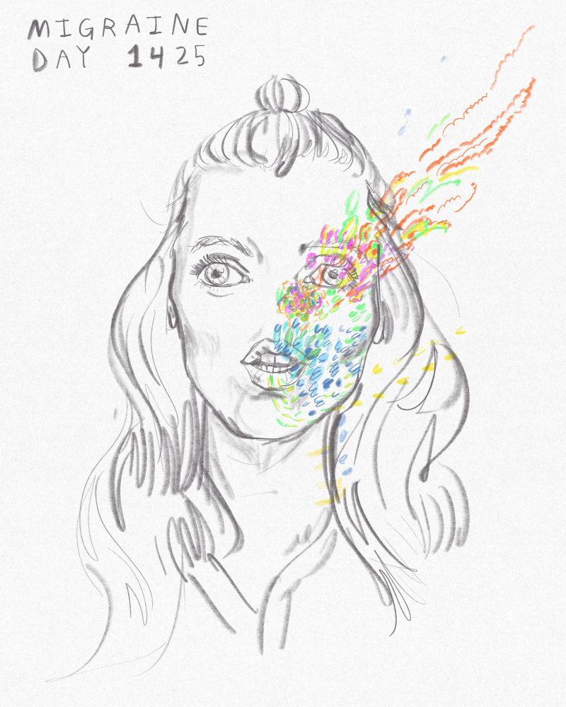 A line drawing of a woman (me!) with a colourful representation of a migraine on the right side of her head 
