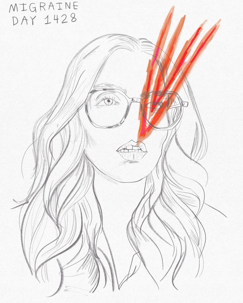 A line drawing of a woman (me!) with a colourful representation of a migraine on the right side of her head 