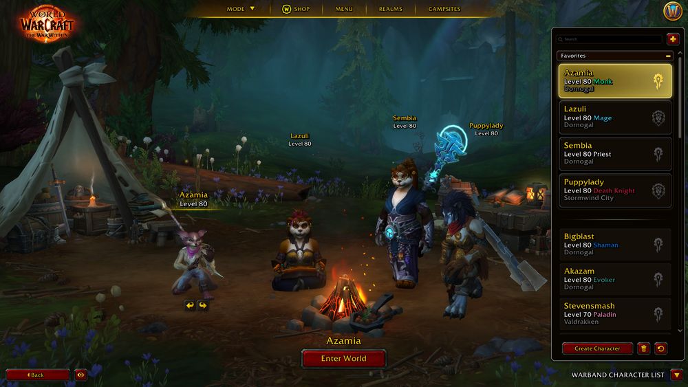 World of Warcraft character select screen.   The featured characters are, from left to right:

Azamia - Female Vulpera Monk in a cool long coat and pink bandana around her neck

Lazuli - Female Pandaren Mage

Sembia - Female Pandaren Priest

Puppylady - Female Worgen Death Knight

The list on the right repeats this information, as well as the names "Bigblast, Akazam, and Stevensmash" which are my Male Maghar Orc Shaman, Male Dracthyr Evoker, and Male Zandalari Troll Paladin.