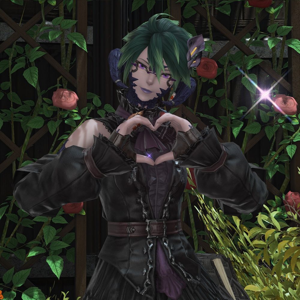 My FFXIV character, Aria Avalon, in front of a rose wall in Gridania.