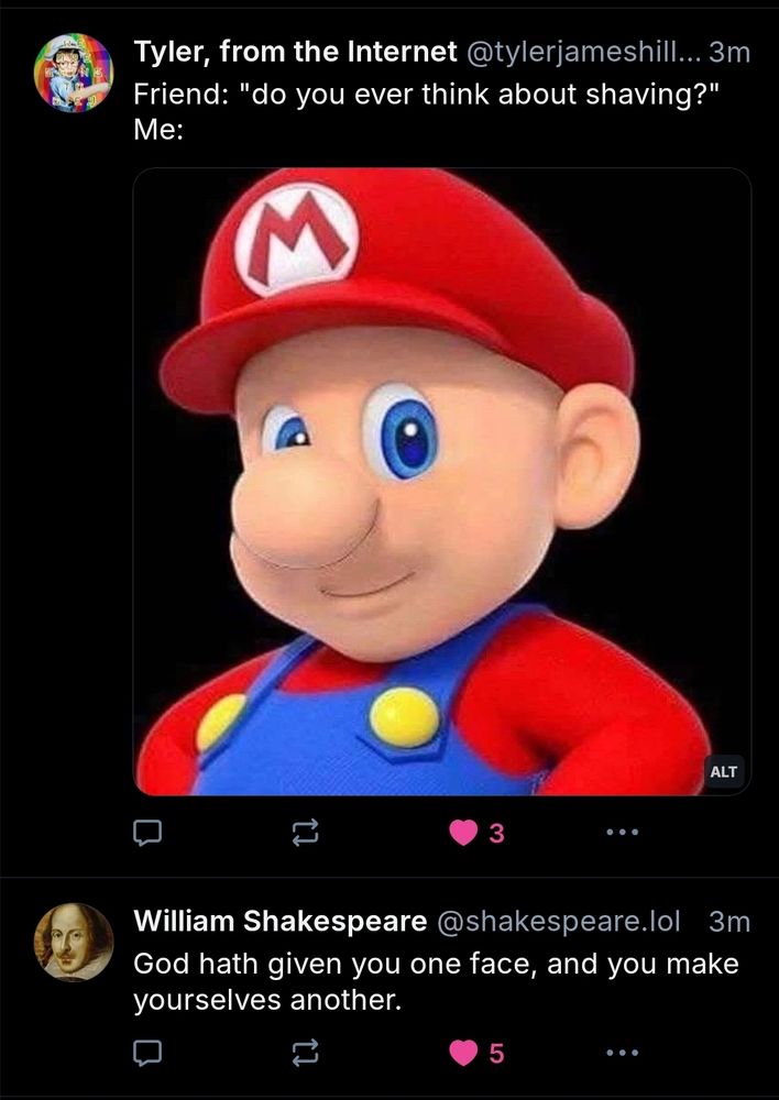 2 posts. The first, Tyler from the internet posting a mustacheless Mario Mario with text above describing a friend asking "Do you ever think about shaving? The second, a William Shakespeare quote "God hath given you one face, and you make yourselves another."