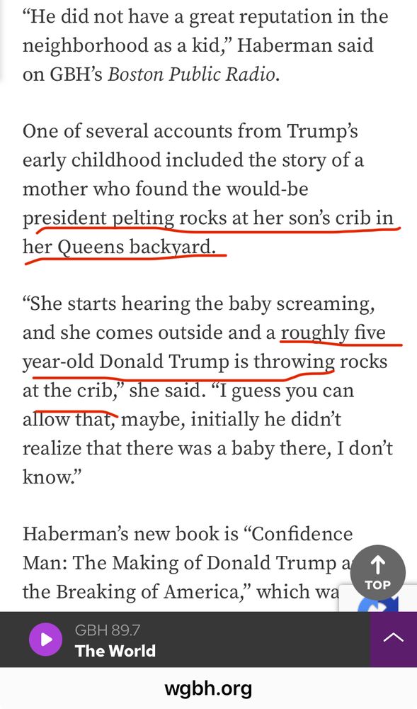 WGBH article on 2022 book by M. Haberman describing Trump throwing rocks at a neighbor’s baby in a playpen next door—he was age 5.