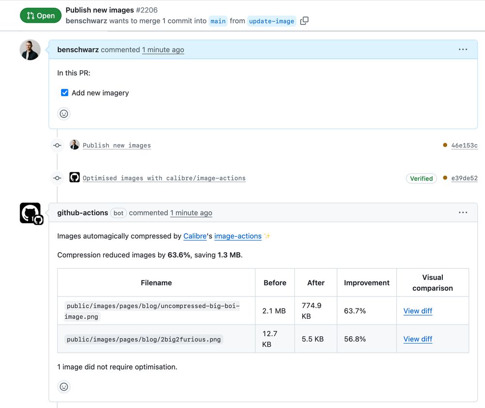 Screenshot of GitHub Pull Request. Image-actions has posted a summary showing 2 images that have been compressed by 63% & 56%! 